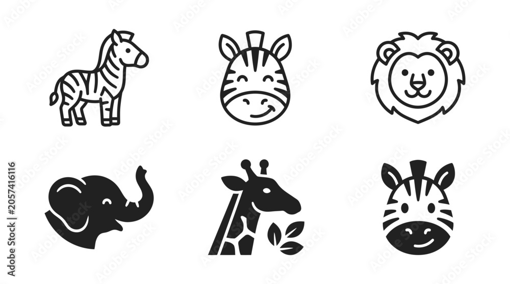 Obraz premium Set of cute wild animal icons including zebra lion elephant and giraffe in outline and solid style with elephant
