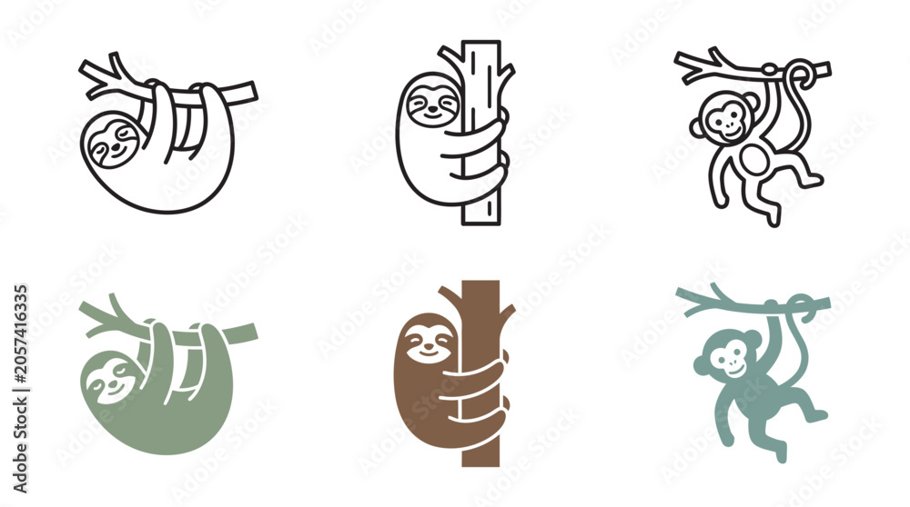 Fototapeta premium Collection of sloth and monkey icons showing jungle animals hanging on branches in outline and colored styles