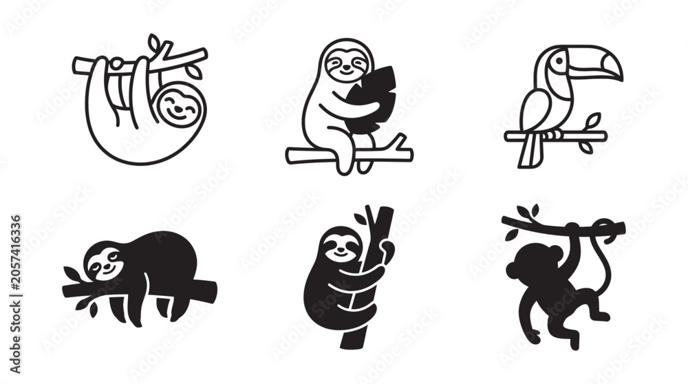 Fototapeta premium Jungle animal icon set featuring sloth monkey and toucan in linear and solid black shapes for design projects, wildlife