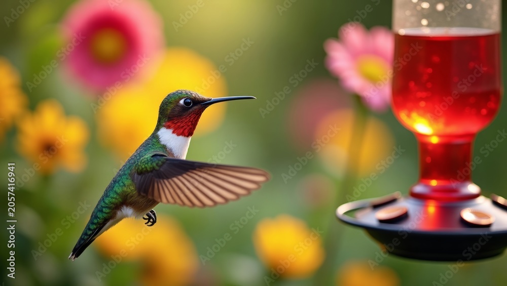 Obraz premium Colorful hummingbird hovering near a red nectar feeder surrounded by vibrant flowers in a lush garden setting during daylight hours