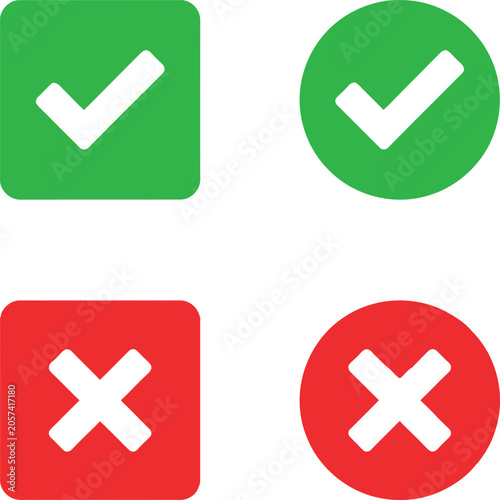 Set of green check mark and red cross icons in circle and square shapes for business design