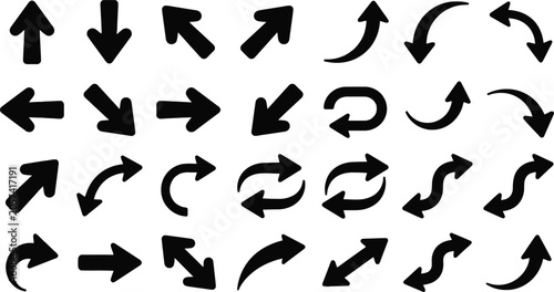 Set of various black hand drawn arrows and direction pointers for design