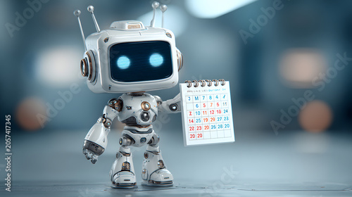 Cute Robot Holding a Calendar with Dates, Artificial Intelligence Concept, Future Technology, White Robot with Blue Eyes, Time Management