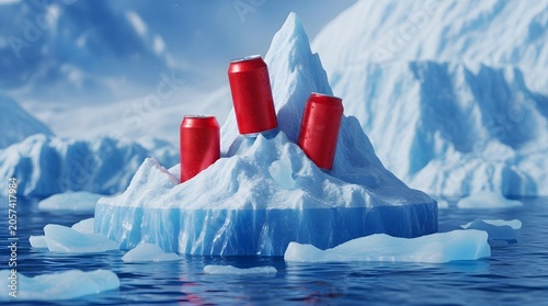 Red soda cans on an iceberg in the middle of the ocean