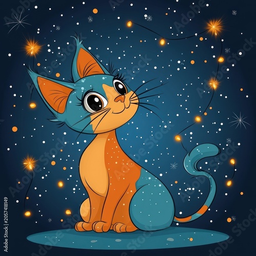 Bright blue and orange cat looks up happily against a dark night sky filled with stars