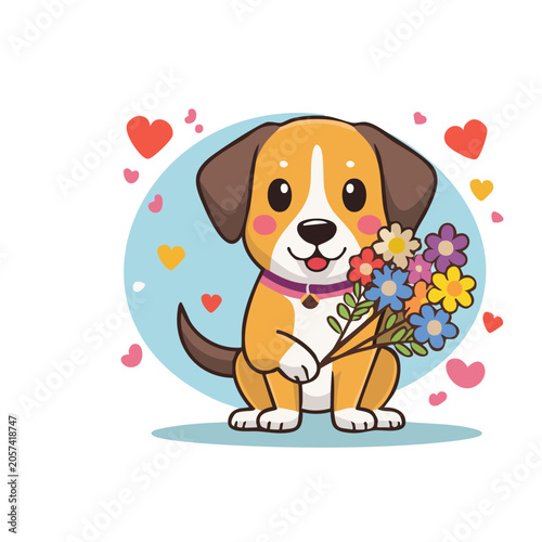 Cute cartoon teddy bear with flowers and hearts