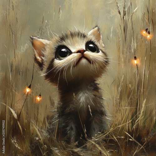 A small fluffy kitten watches sparkling lights in a tall grass field at twilight