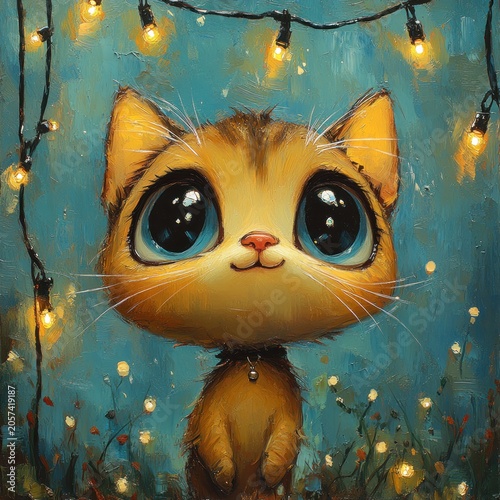 A cheerful kitten with big eyes stands amidst sparkling lights in a magical setting