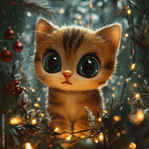 Adorable kitten with large eyes explores a magical scene filled with twinkling lights