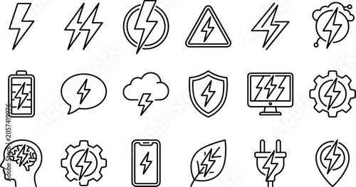 Lightning Bolt and Energy Line Icon Set featuring Power Battery Electrical Charging Green Eco Technology and Thunder Vector Graphic Elements