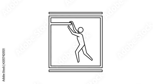 Person hanging from a bar in a square frame, minimalist line art icon