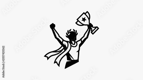 Fotografia Man holding trophy celebrating victory with laurel wreath and flowing scarf