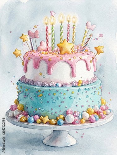  Watercolor birthday cake
