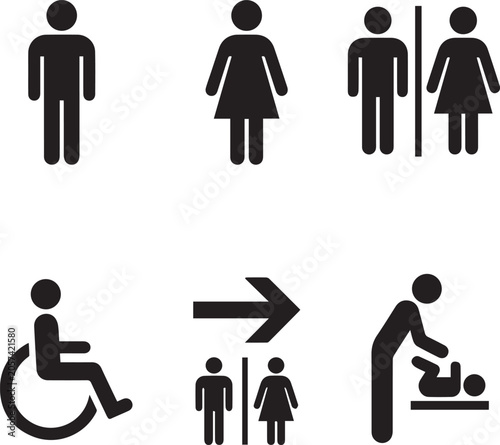 Restroom Sign Icon Set - Public Toilet, Wheelchair Accessible, and Baby Changing Station Symbols Vector