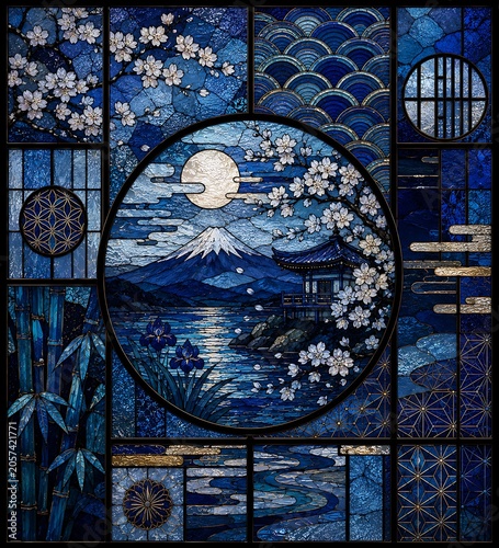 Indigo Japanese Stained Glass Art Featuring Mount Fuji, Moonlight, Sakura and Traditional Patterns, Generative AI