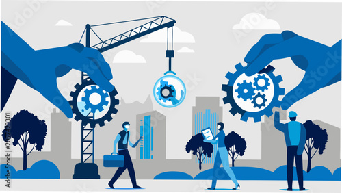 Foto Gears And Hands Illustration Featuring Cityscape And Businesspeople