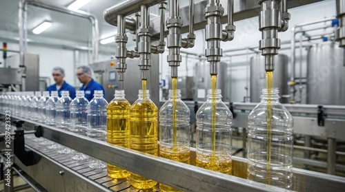 edible oil bottling production line, Plastic bottles move along automated filling line in food factory. Stainless steel machinery dispenses cooking oil into containers. Realistic photography. Manufact