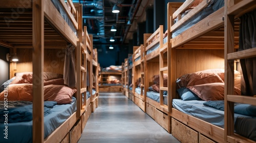 Cozy Hostel Interior with Rows of Bunk Beds and Soft Bedding in a Modern Setting
