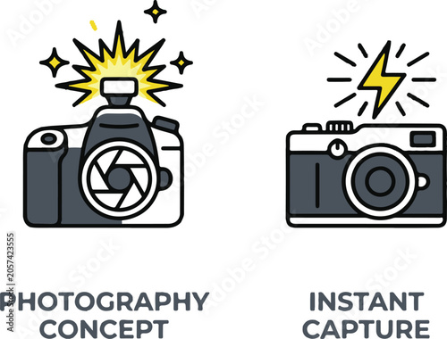 Photography Concept and Instant Capture Icons - Modern Camera and Flash Vector Set