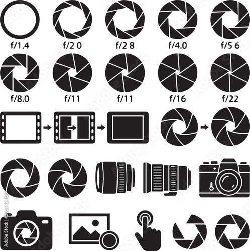 Camera Lens Aperture and Shutter Icon Set - Photography F-Stop Value Symbols Vector