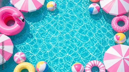 Swimming pool with beach balls, umbrellas and flamingo floats, summer background.