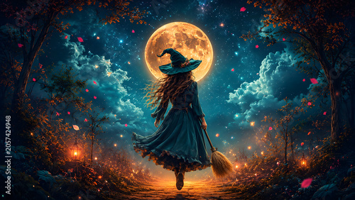 Magical witch walking toward glowing full moon