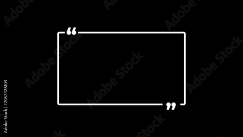 Square quote box icon animation. Rectangular quote mark graphic animation. Animated square quote frame design for textual quotation, paraphrasing, or text spoken by on black background.