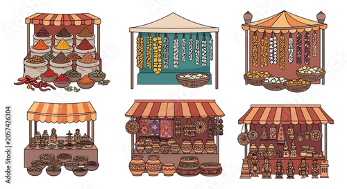 Six colorful market stalls on display.
