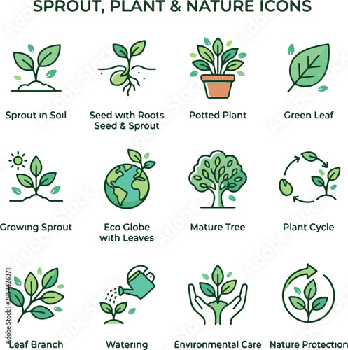 Sprout, Plant, and Nature Icon Set with Green Eco Leaves and Trees Vector Template