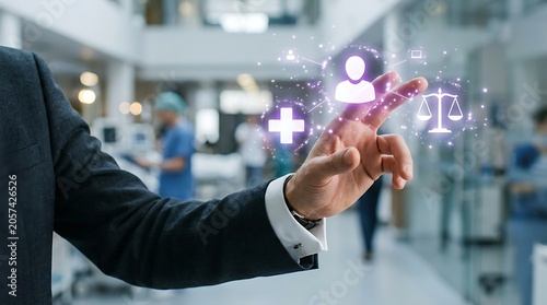 Businessman interacts with digital icons representing healthcare and law in a hospital setting.