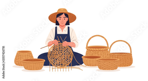 Woman weaving traditional wicker basket.