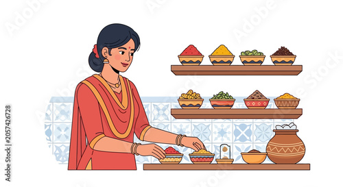 Woman in traditional Indian attire serving food.