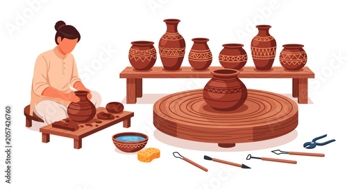 Woman working on clay pottery wheel.