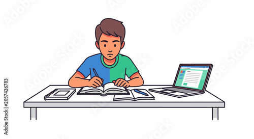 Young man studying with laptop books.