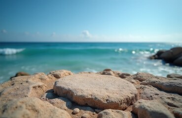 Round stone podium on sandy beach with blurred ocean waves and blue sky. Natural display stage for product placement. Summer vacation backdrop with water.