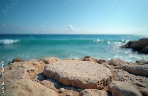 Round stone podium on sandy beach with blurred ocean waves and blue sky. Natural display stage for product placement. Summer vacation backdrop with water.