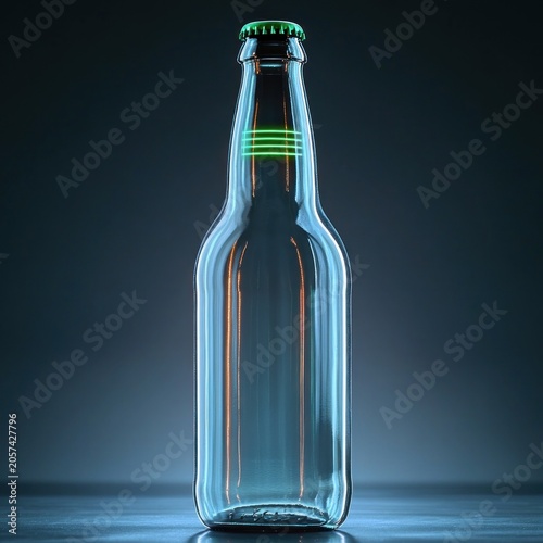 A glass bottle stands tall with glowing lines creating a captivating visual effect