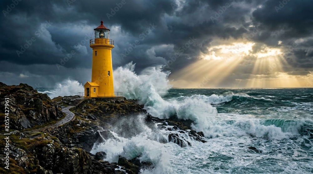 Obraz premium Striking bright yellow lighthouse stands resilient against massive crashing ocean waves under a dramatic stormy sky with piercing sun rays.