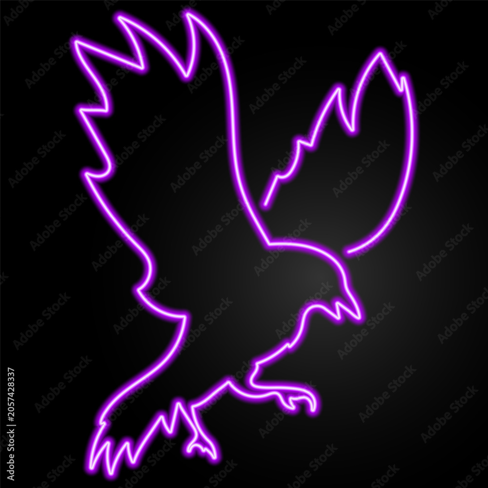 Obraz premium Neon illustration of a flying crow with spread wings and extended talons in a purple glowing outline on a black background.