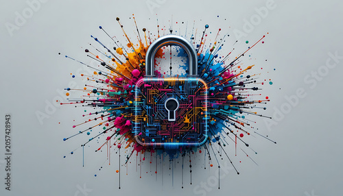 Vibrant digital padlock with colorful circuit board design and paint splatters on gray background