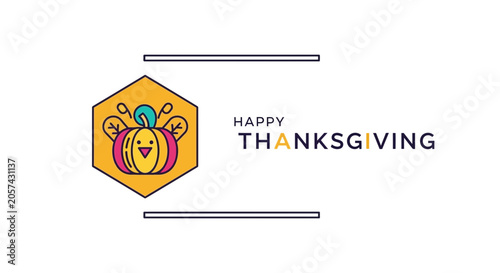 Happy Thanksgiving Hexagon Icon with Cute Pumpkin Turkey Character and Text