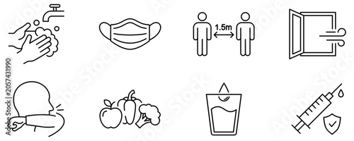 Set of icons related to health and safety measures during a pandemic. Vector illustration.