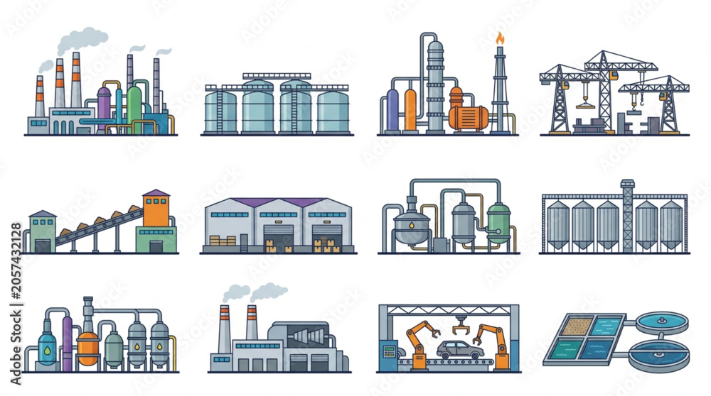 Obraz premium Industrial factories and manufacturing facilities illustration.