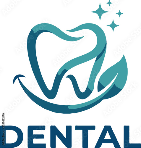 Dental Studio Logo Template with Tooth, Smile, and Green Leaf Vector