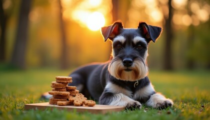 Miniature schnauzer dog rests on green grass near stack of dog treats. Golden sunset light shines on furry pet outdoors in park. Dog waits patiently for snack.