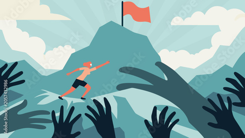 Fotografija Runner Ascending A Mountain With Reaching Hands A Vector Illustration achievemen