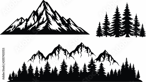 Tablou pe pânză Mountain And Pine Tree Silhouettes On A White Background Black And White Vector