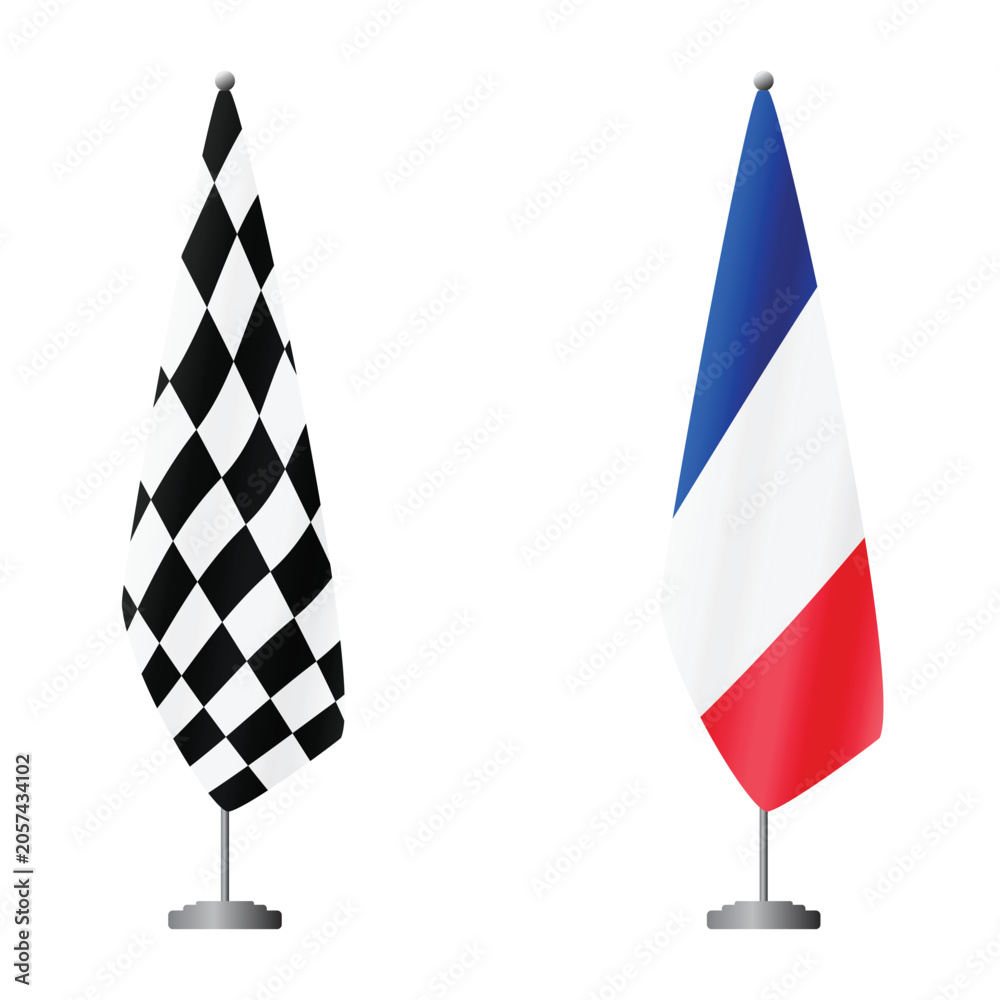 Fototapeta premium Checkered and France flags on flagpoles for official ceremonies and meetings, transparent background vector