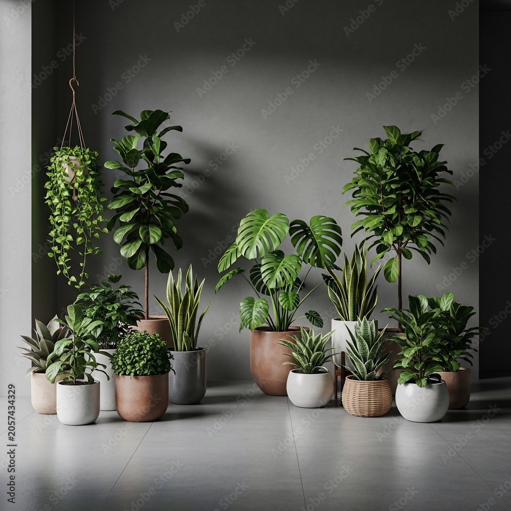 Fototapeta premium Lush Potted Plants: Natural Textures, Soft Lighting, and Serene Depth