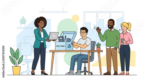 Business team meeting illustration showing professional men and women collaborating in an office with laptops, presentation, and communication in a modern workplace scene